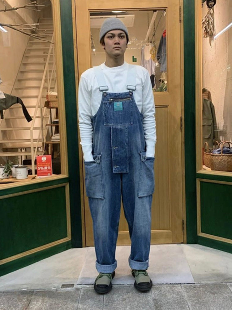 Men's Distressed Denim Multi-Pocket Overalls with Suspenders