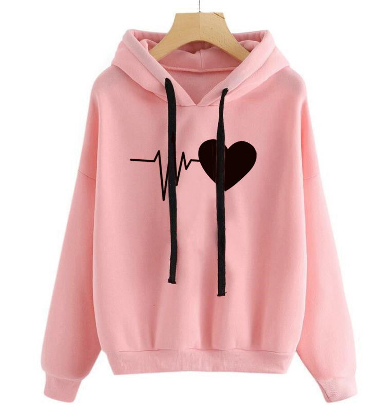 Heart Print Streetwear Hoodie Oversized Fleece Warmth Pink