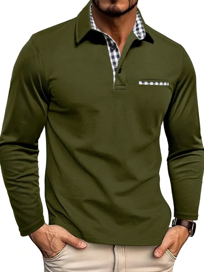 Men's Smart Casual Long-Sleeve Polo Shirt Olive Green