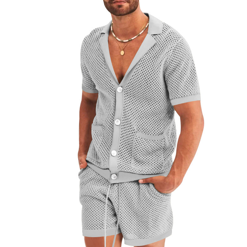 Men's Summer Hollow Short Sleeve Shirt And Shorts Set Light Grey
