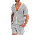 Men's Summer Hollow Short Sleeve Shirt And Shorts Set Light Grey