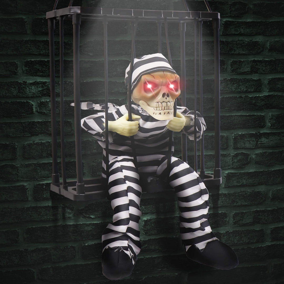 Halloween: Animierter Gefangener mit Bewegungssensor, Totenkopf und roten LED-Augen