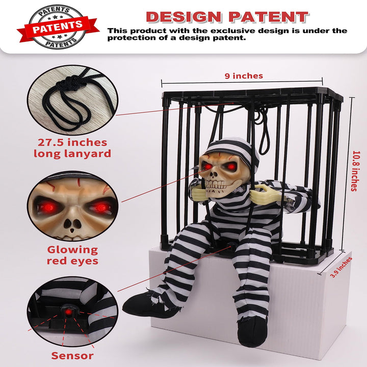 Halloween: Animierter Gefangener mit Bewegungssensor, Totenkopf und roten LED-Augen