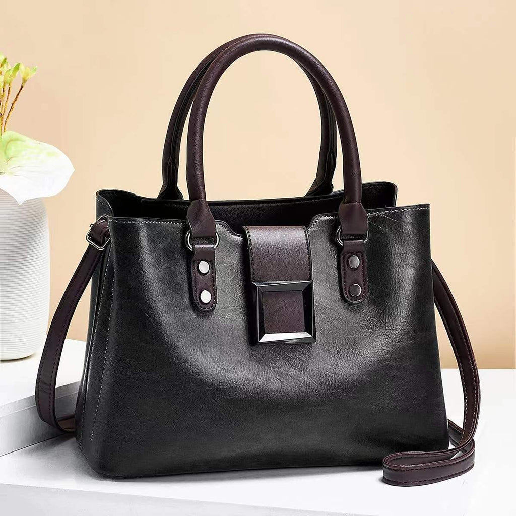Spacious PU Leather Tote Bag With Large Buckle For Women Black