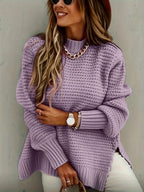 Women’s Knitted Sweater with Side Slit – Cozy Casual Knit Pullover Purple