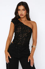 Women's One-Shoulder Lace Top Black
