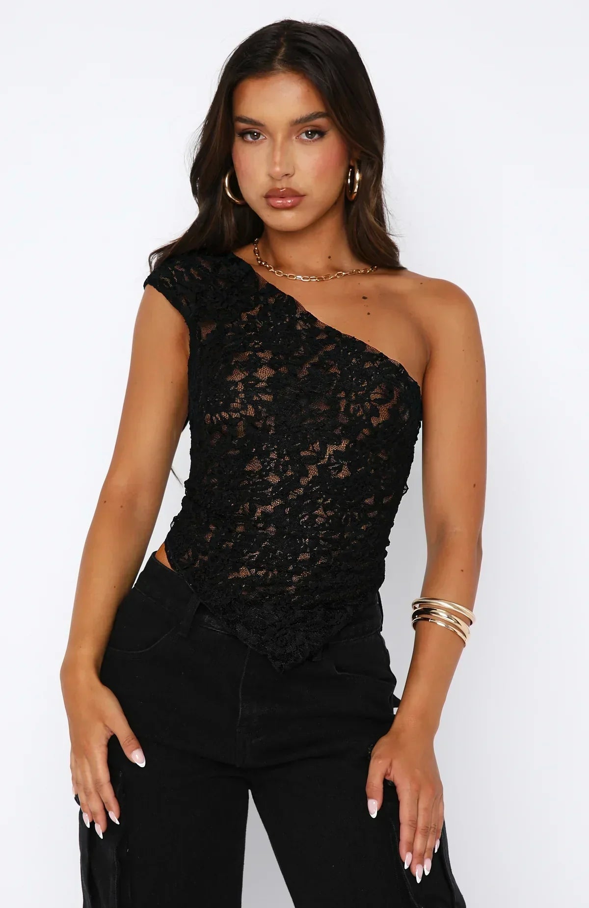 Women's One-Shoulder Lace Top Black