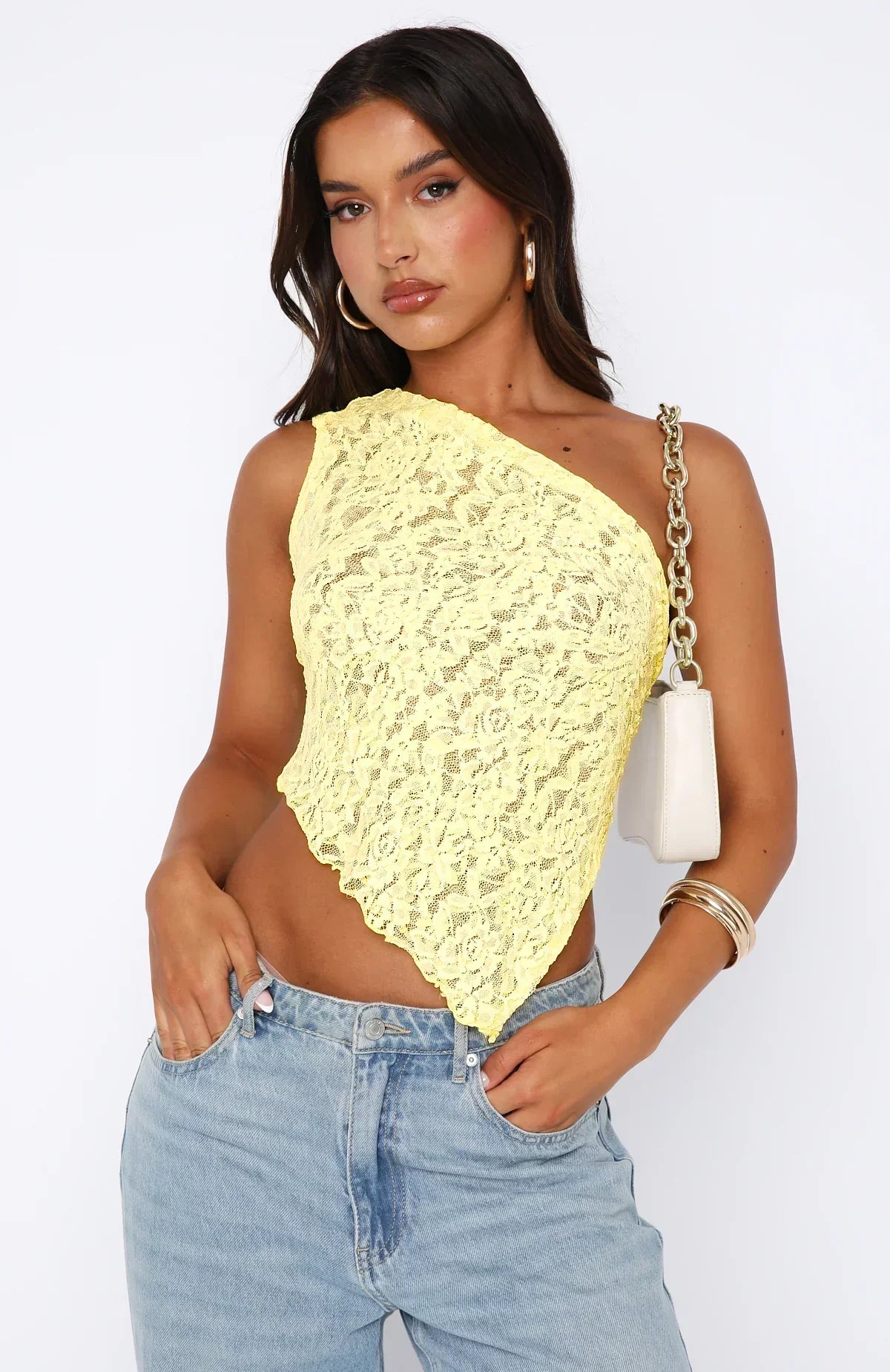 Women's One-Shoulder Lace Top Yellow