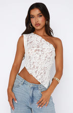Women's One-Shoulder Lace Top White