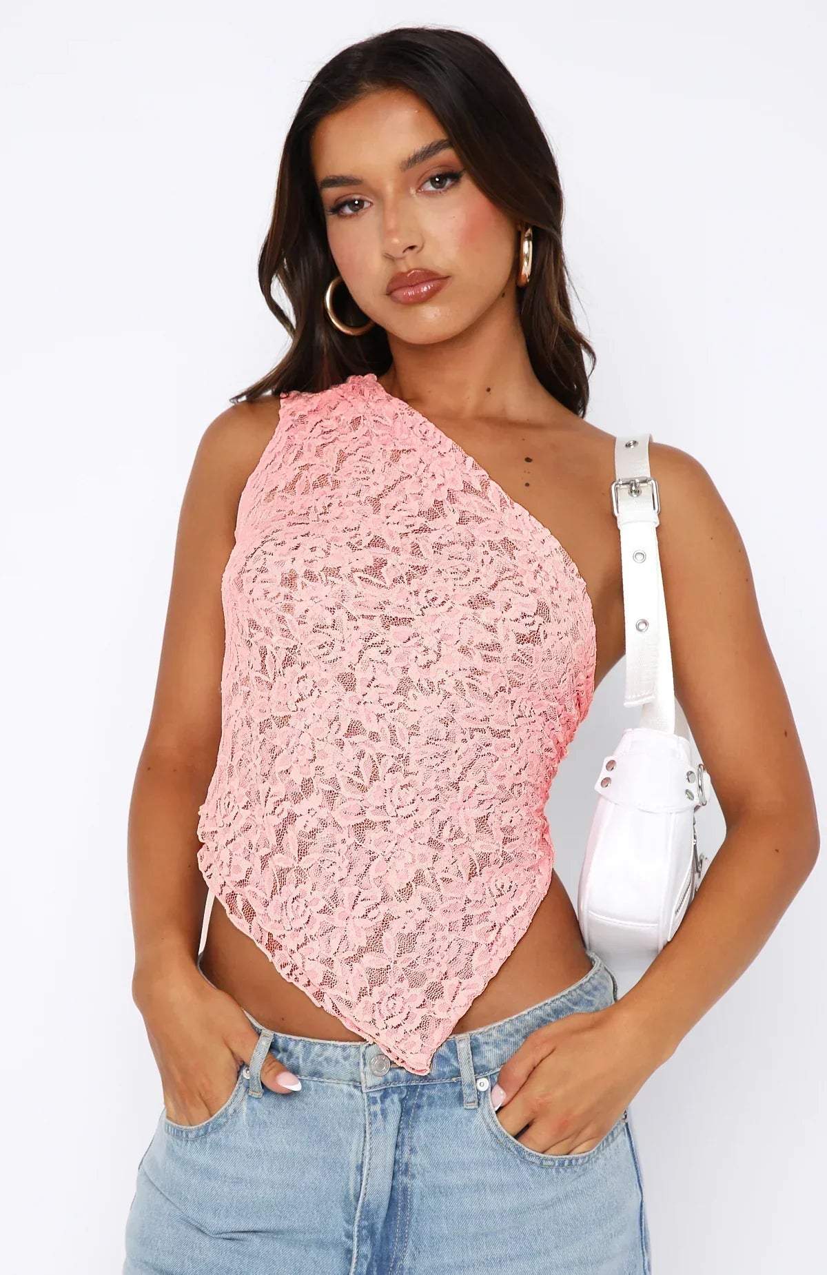 Women's One-Shoulder Lace Top Pink