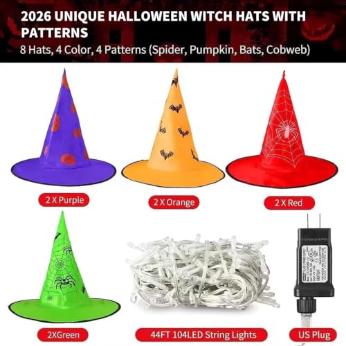 Halloweenowe lampki girlandowe z kapeluszami czarownic, 44 ft, ze 104 ciepłobiałymi diodami LED
