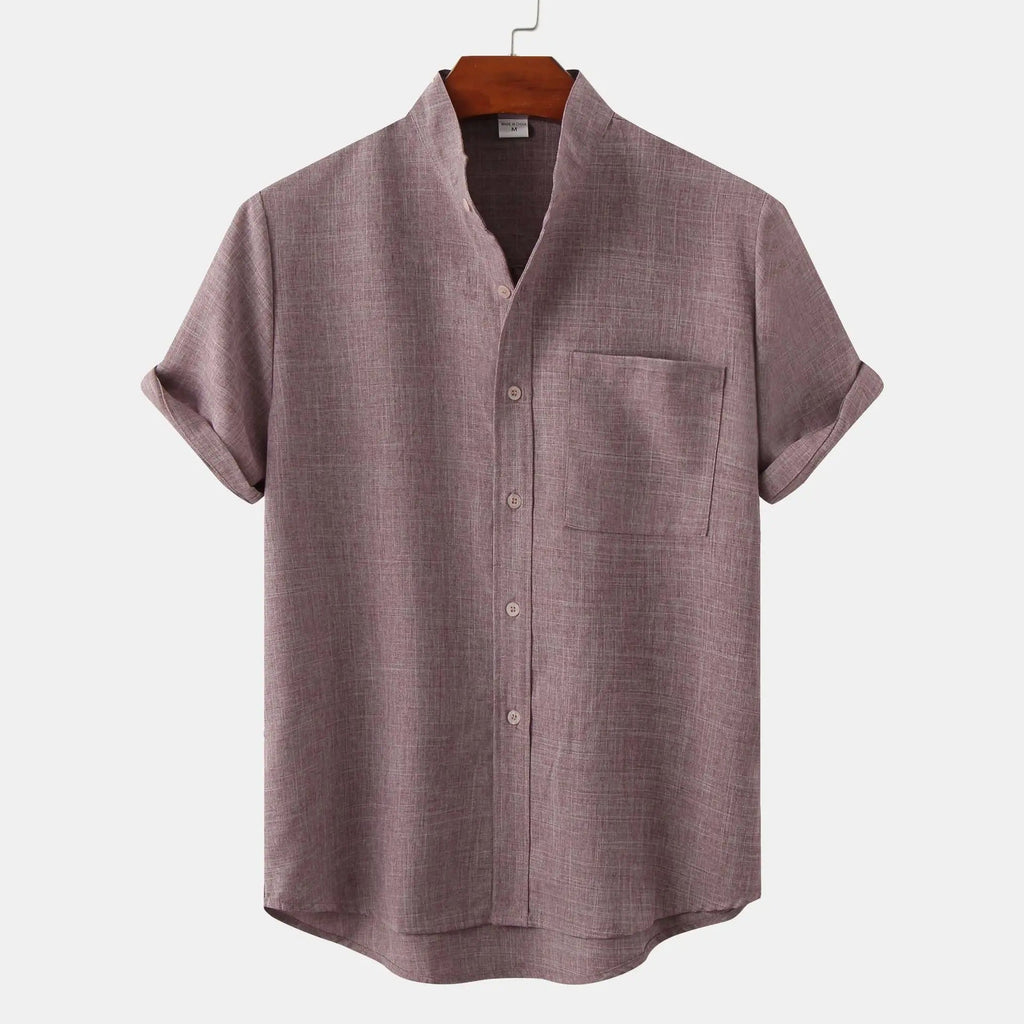 Lightweight Cotton Linen Short Sleeve Shirt Mandarin Collar Purple
