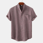 Lightweight Cotton Linen Short Sleeve Shirt Mandarin Collar Purple