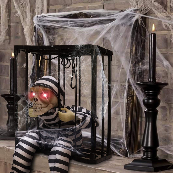 Halloween: Animierter Gefangener mit Bewegungssensor, Totenkopf und roten LED-Augen