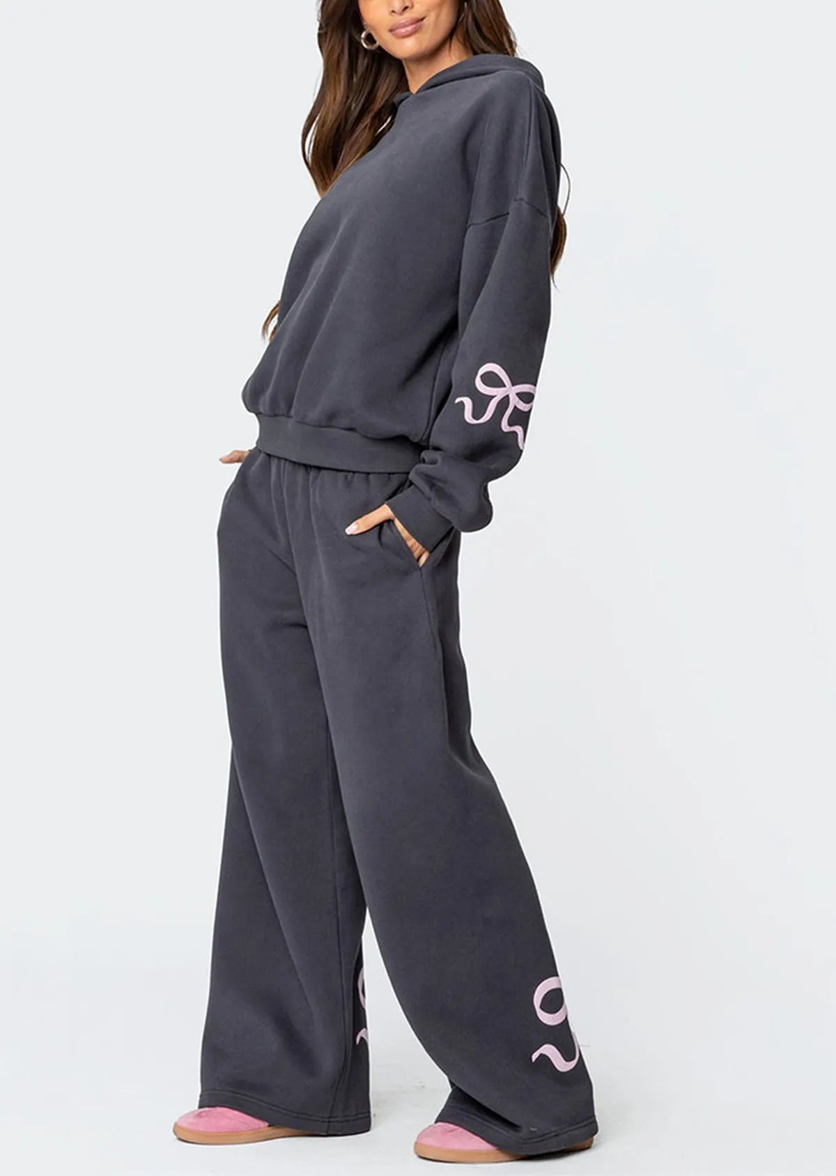 Women’s 2-Piece Bow Print Hoodie & Wide Leg Pants Set