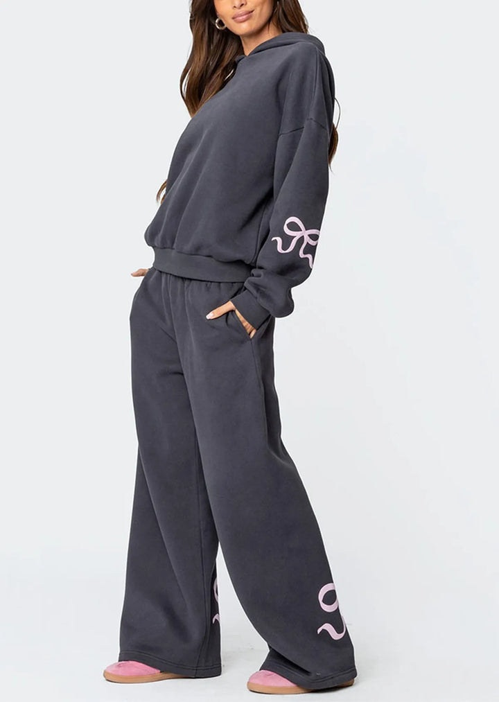Women’s 2-Piece Bow Print Hoodie & Wide Leg Pants Set-MODAUTLET