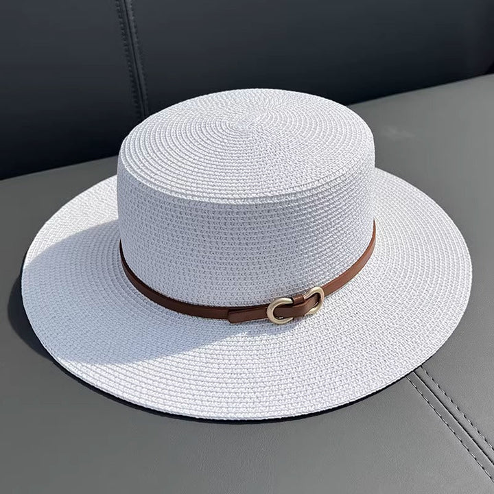 Chapéu de Palha Feminino Plano de Verão com Proteção UV para Uso à Beira-Mar