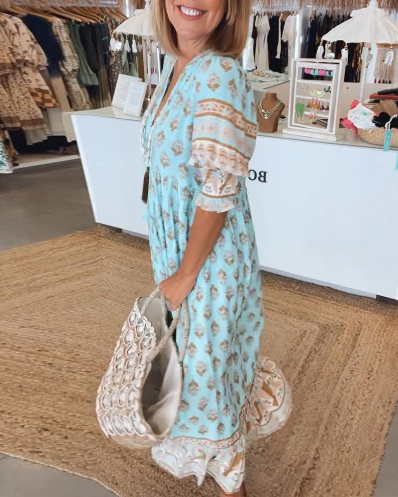 Elizabeth | Vestido midi bohemio para mujer con estampado y lazo de borlas