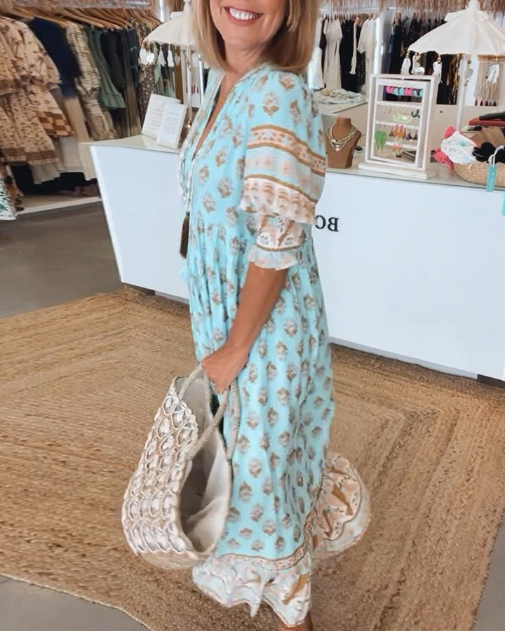 Elizabeth | Vestido midi bohemio para mujer con estampado y lazo de borlas