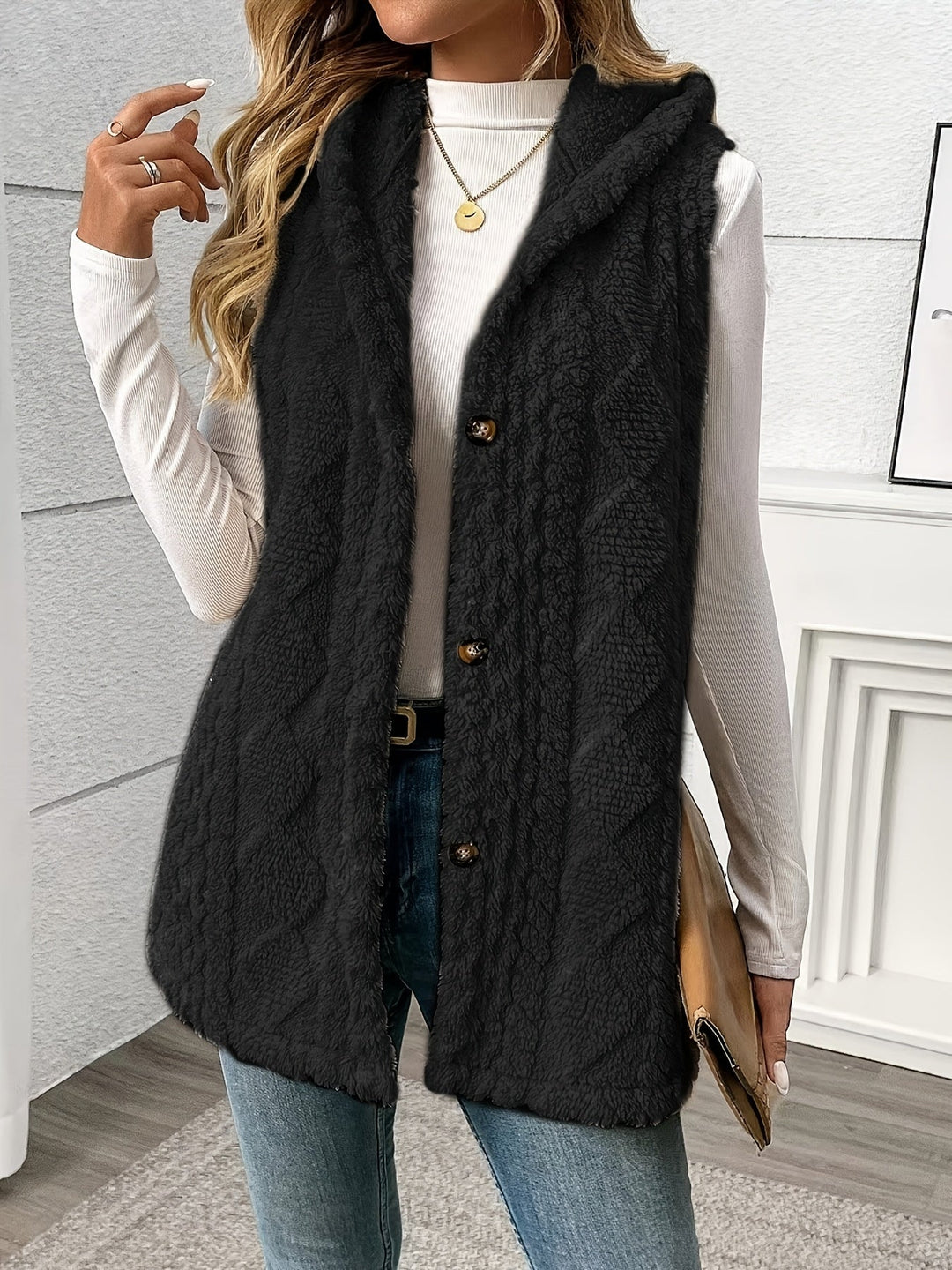 Gilet douillet sans manches à capuche pour femme