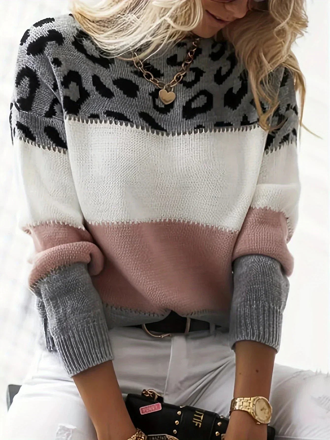 Women's Chic Leopard Color-Block Sweater Pink