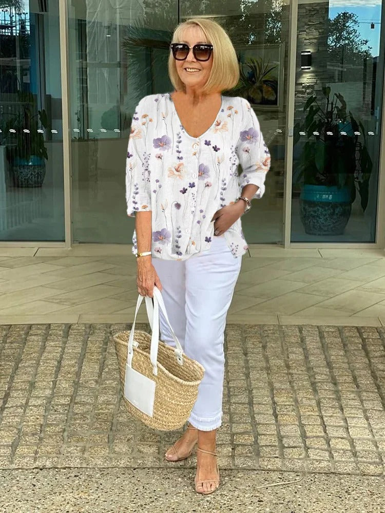 Women's Floral Vintage French Blouse White