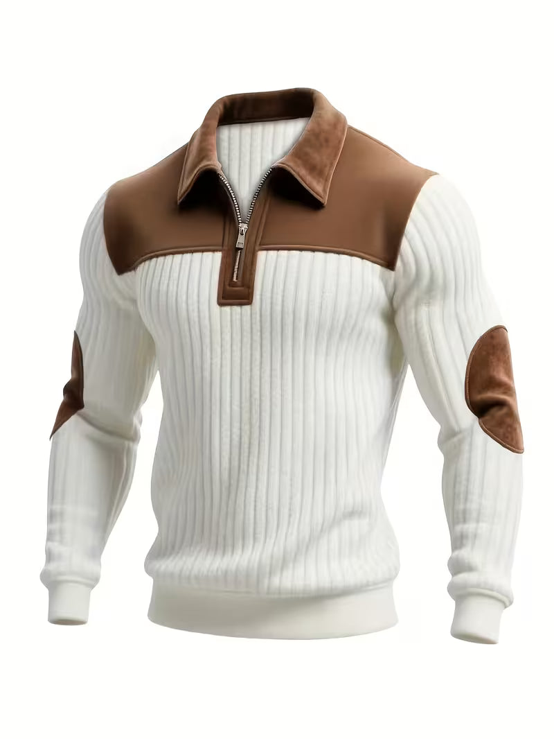 Men's Classic Color-Block Collar Zip Sweater White