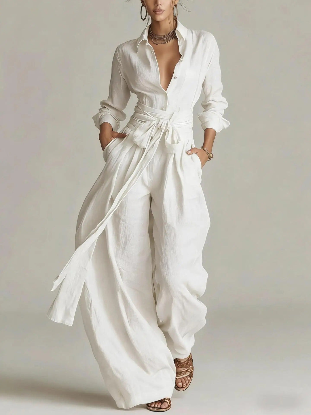 Florence | Women's Cotton-Linen Belted Long-Sleeve Jumpsuit
