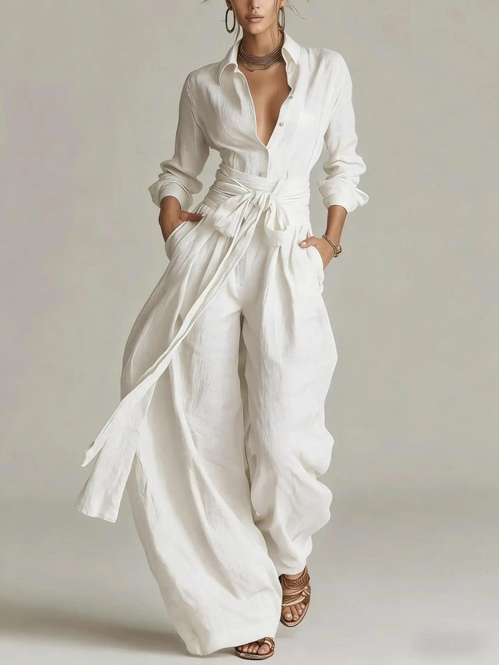 Florence | Women's Cotton-Linen Belted Long-Sleeve Jumpsuit