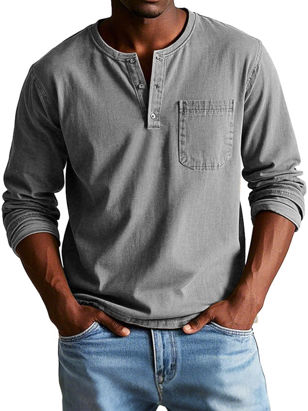 Mens Long Sleeve Henley Shirt Soft Cotton Blend Casual-MODAUTLET