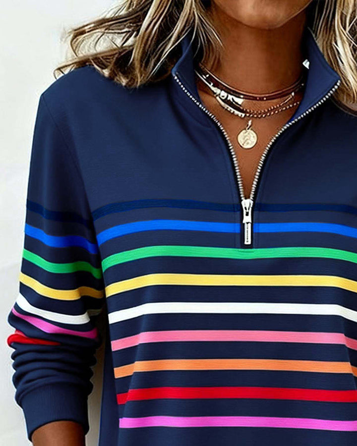 Arcadia | Sweat-shirt pour femme avec demi-fermeture éclair et rayures arc-en-ciel