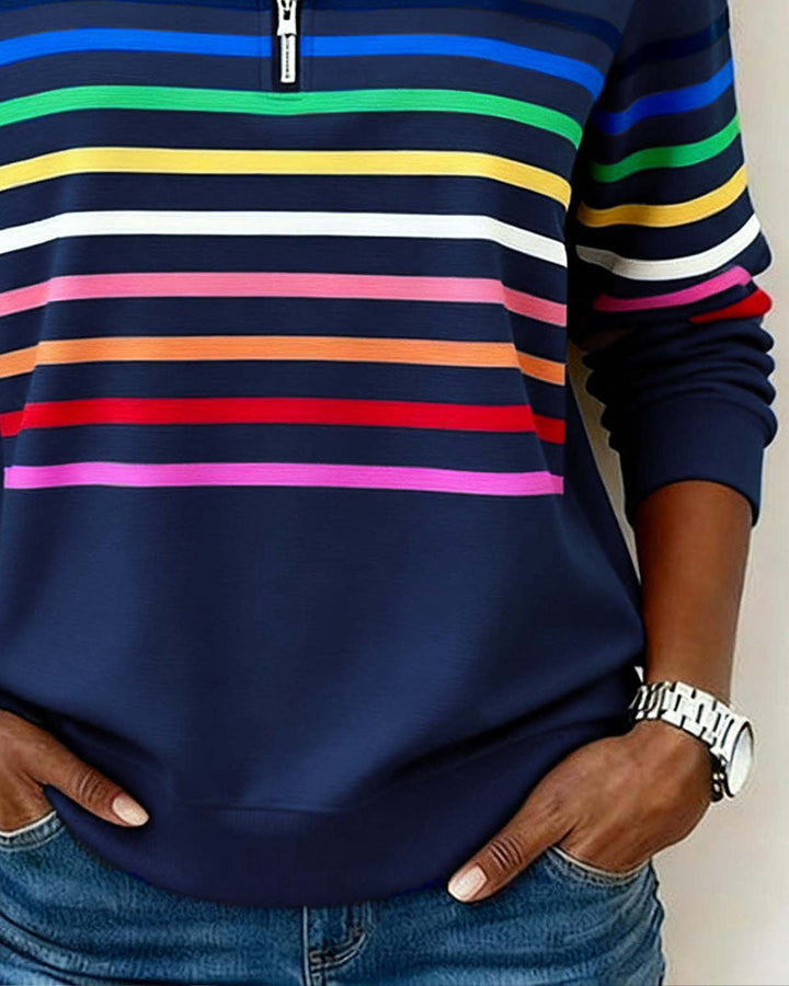 Arcadia | Sweat-shirt pour femme avec demi-fermeture éclair et rayures arc-en-ciel
