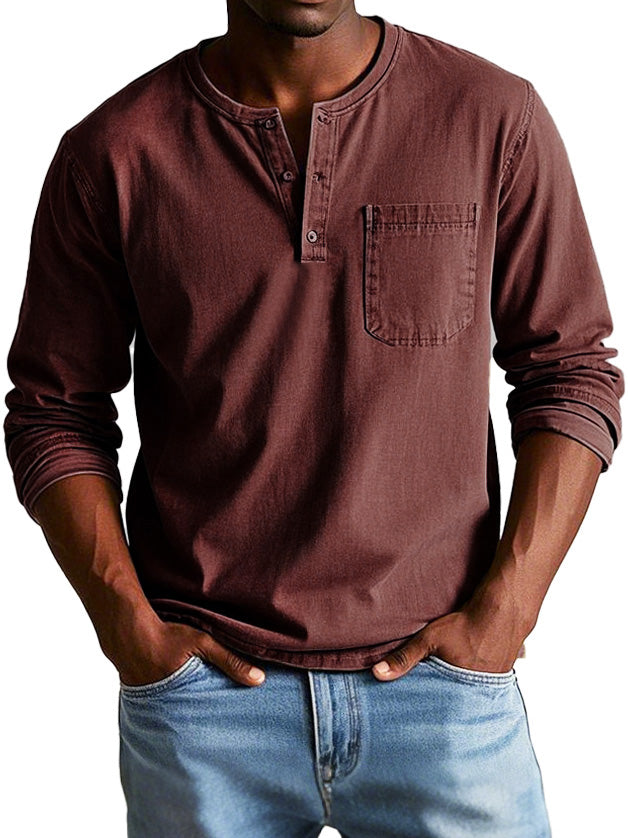 Mens Long Sleeve Henley Shirt Soft Cotton Blend Casual-MODAUTLET