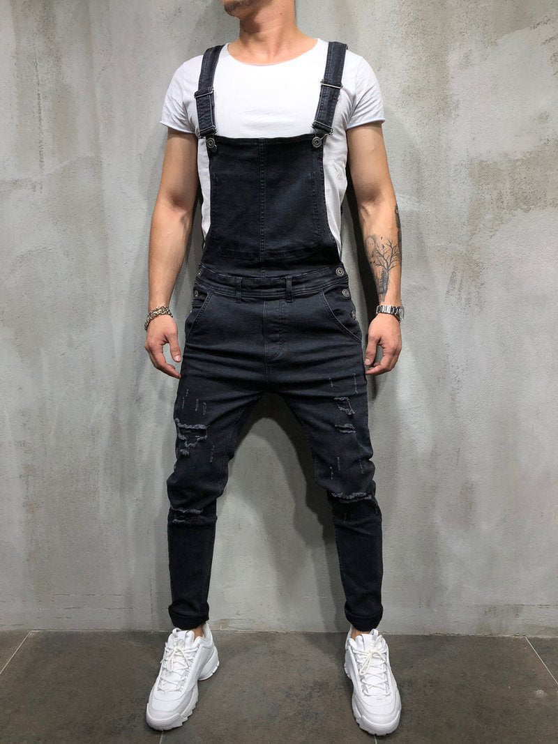 Men's Distressed Skinny Fit Denim Overalls