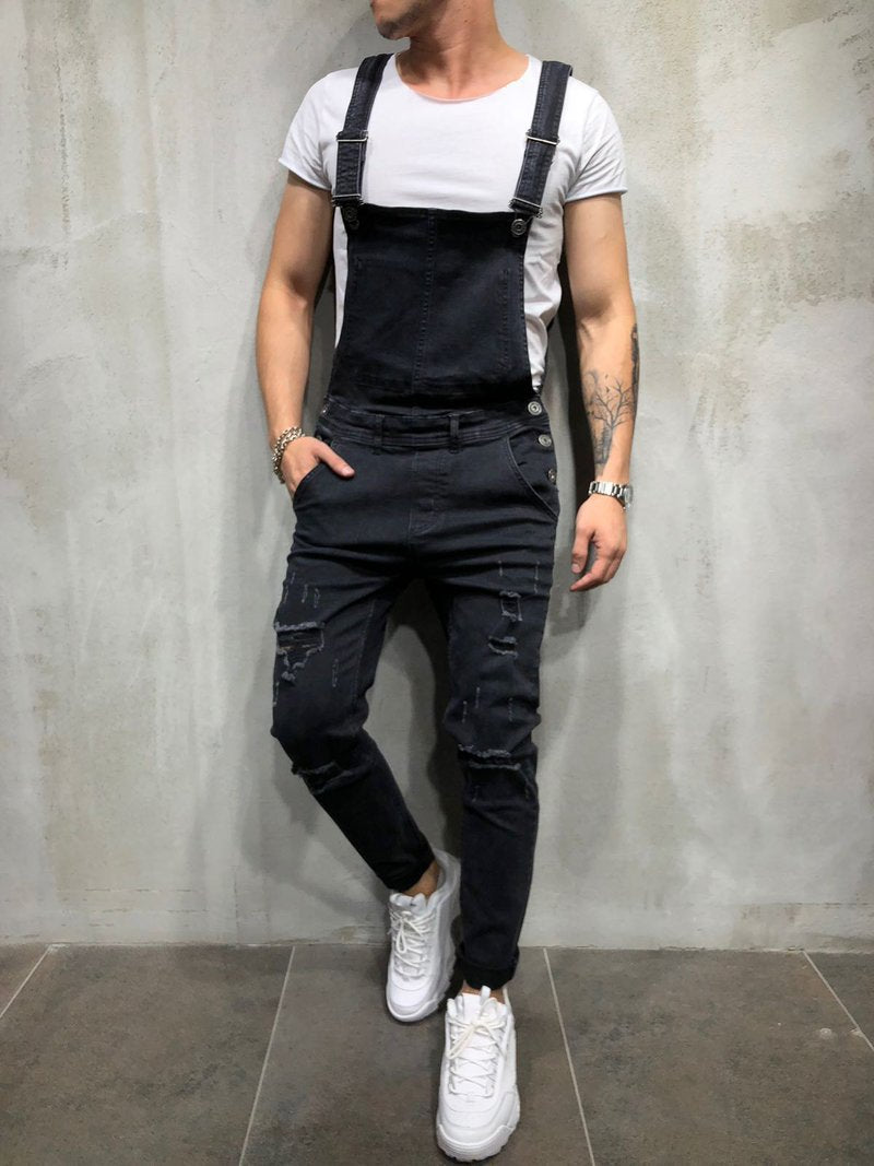Men's Distressed Skinny Fit Denim Overalls