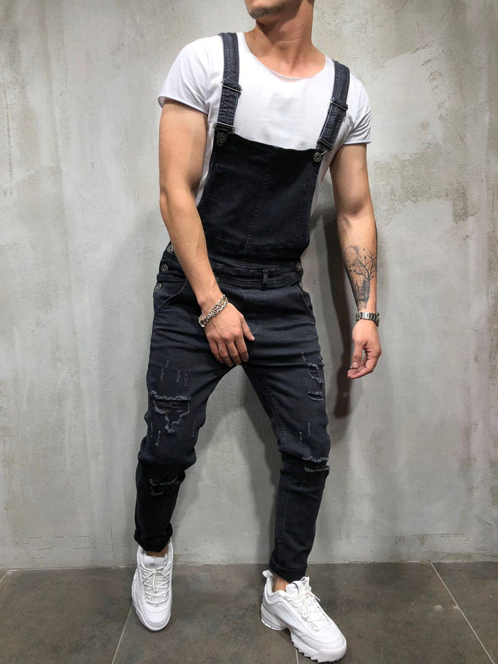 Men's Distressed Skinny Fit Denim Overalls