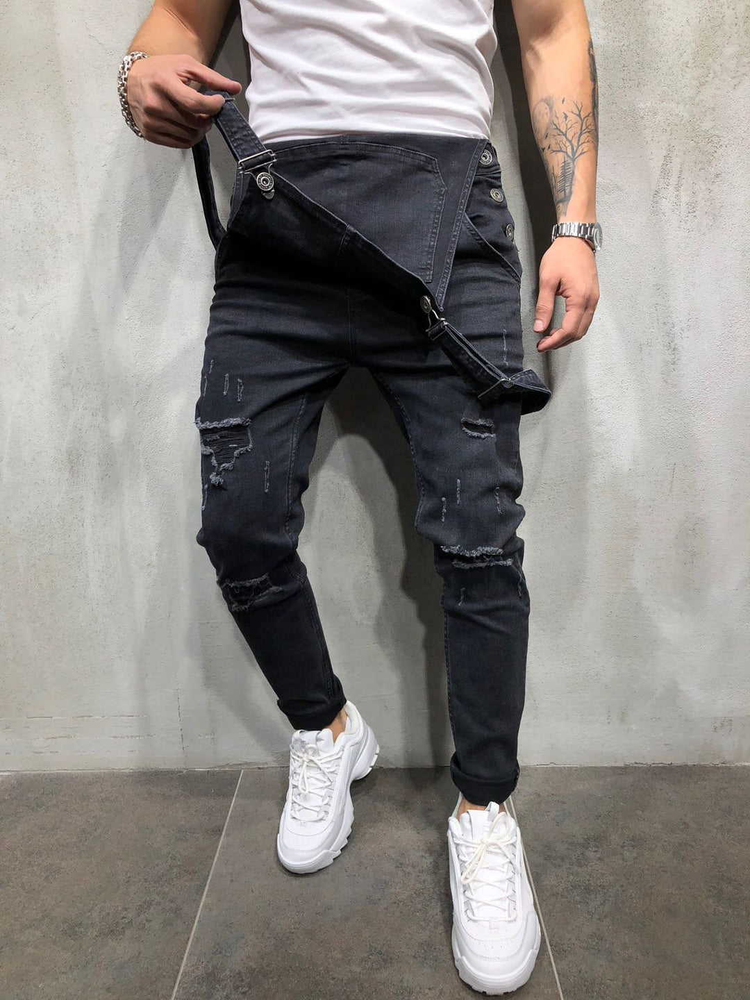 Men's Distressed Skinny Fit Denim Overalls