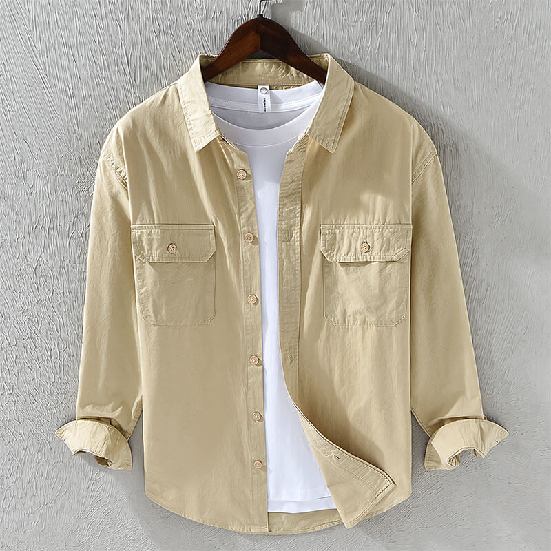 Classic Cotton Shirt For Men Long Sleeve Button Up Beige