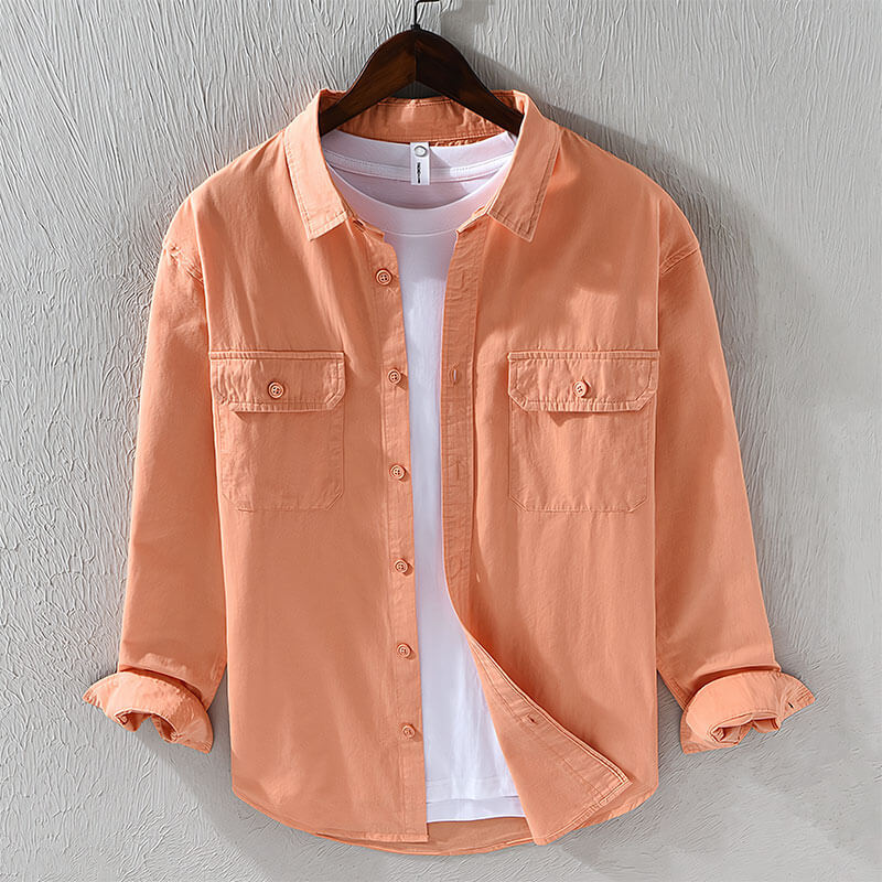 Classic Cotton Shirt For Men Long Sleeve Button Up Peach