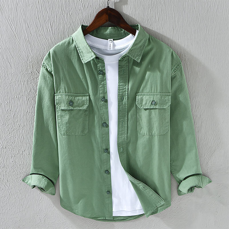 Classic Cotton Shirt For Men Long Sleeve Button Up Green