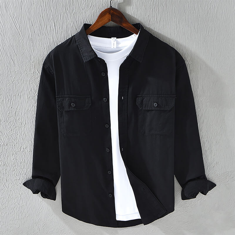 Classic Cotton Shirt For Men Long Sleeve Button Up Black
