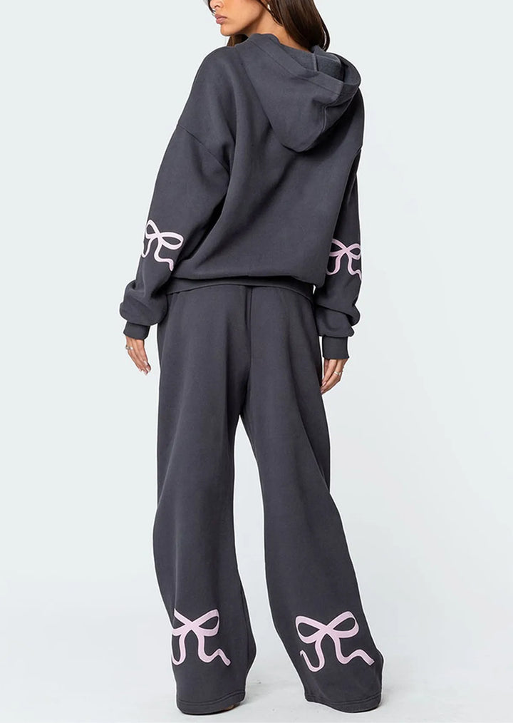 Women’s 2-Piece Bow Print Hoodie & Wide Leg Pants Set-MODAUTLET