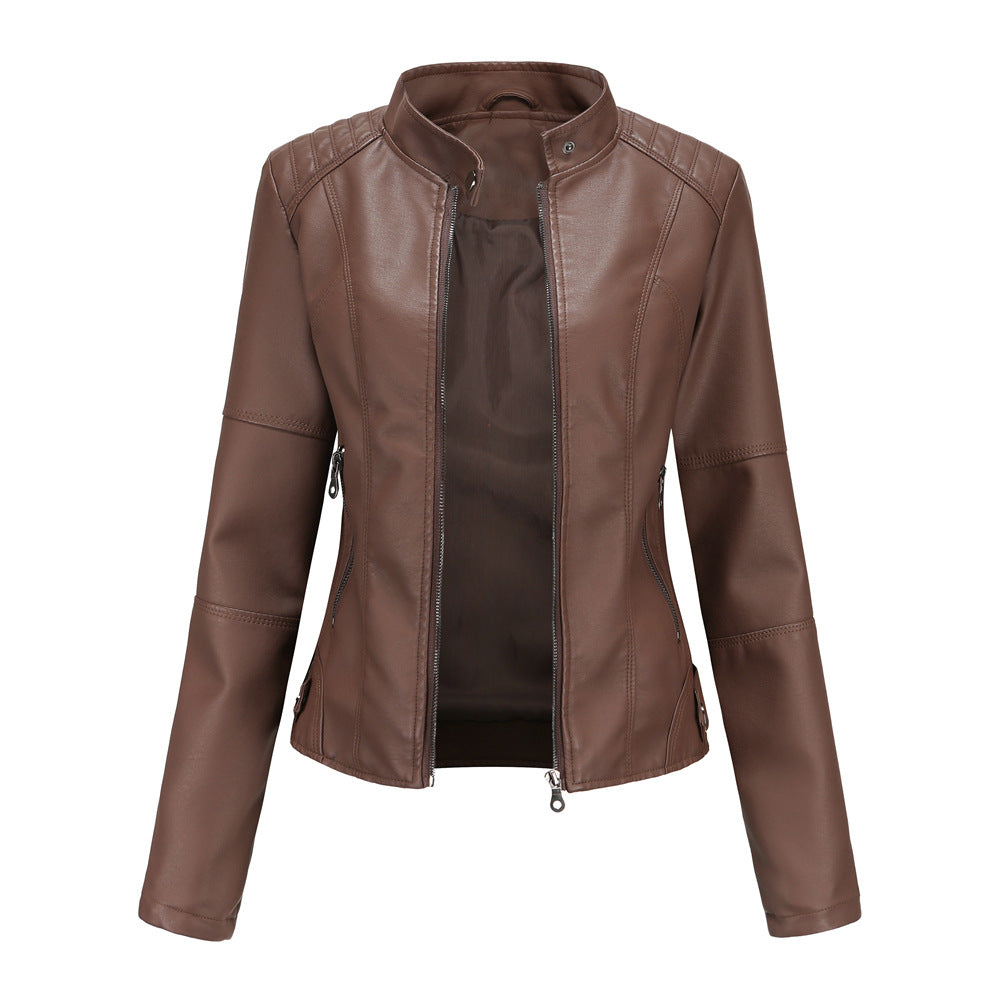 Womens Slim Leather Jacket Lightweight Casual Fashion Coffee
