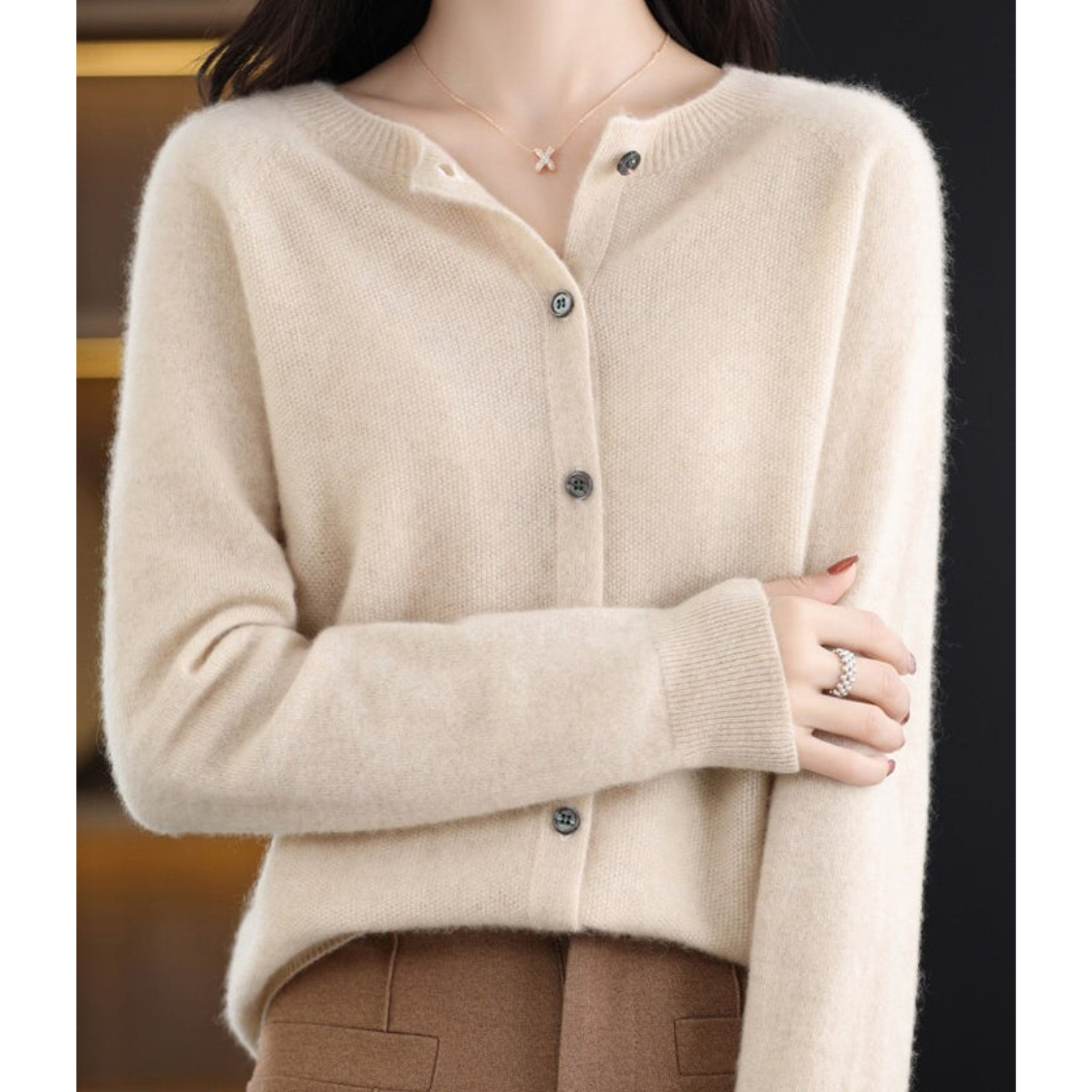 Cozy Cashmere Blend Wool Cardigan for Women Khaki