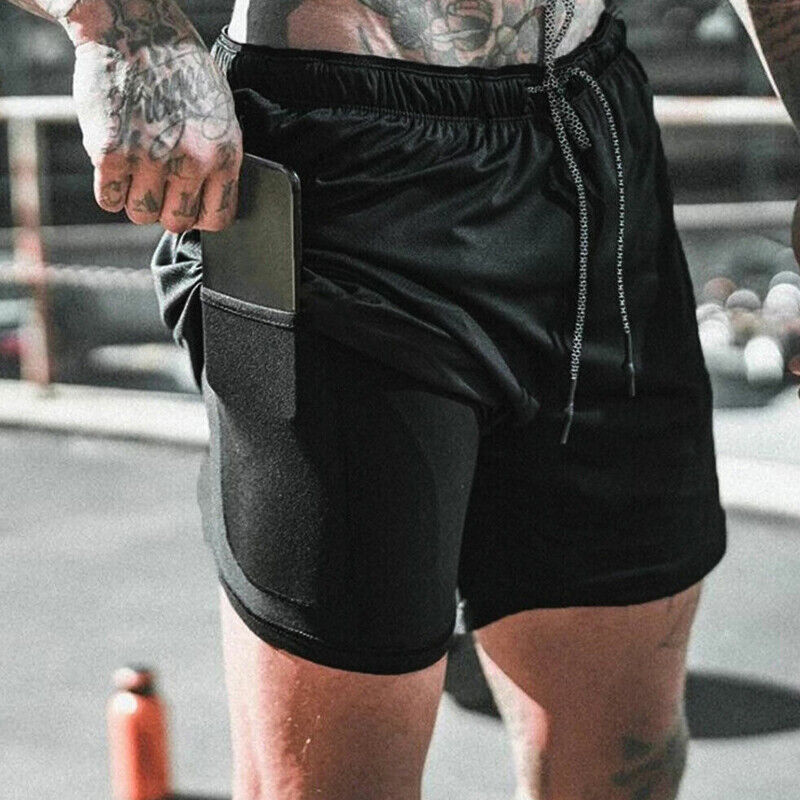 Mens Quick Dry 2 In 1 Running Shorts With Phone Pocket Black