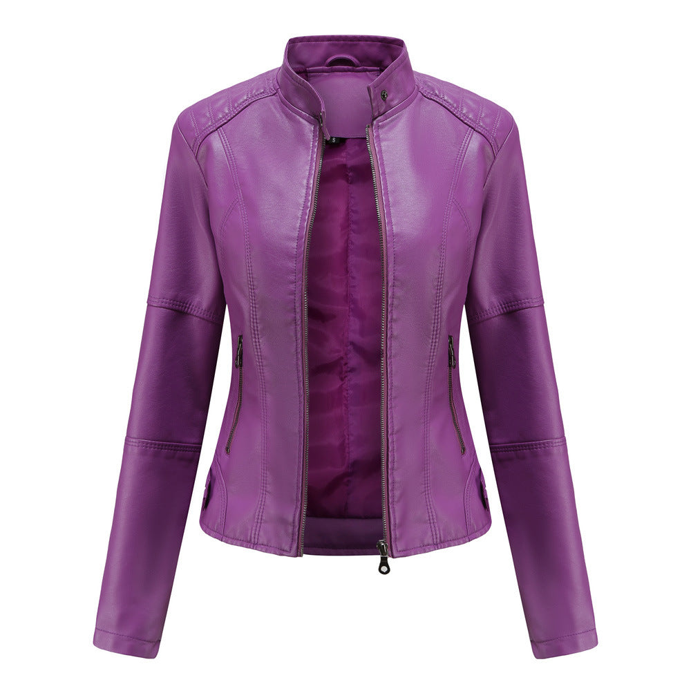 Womens Slim Leather Jacket Lightweight Casual Fashion Violet