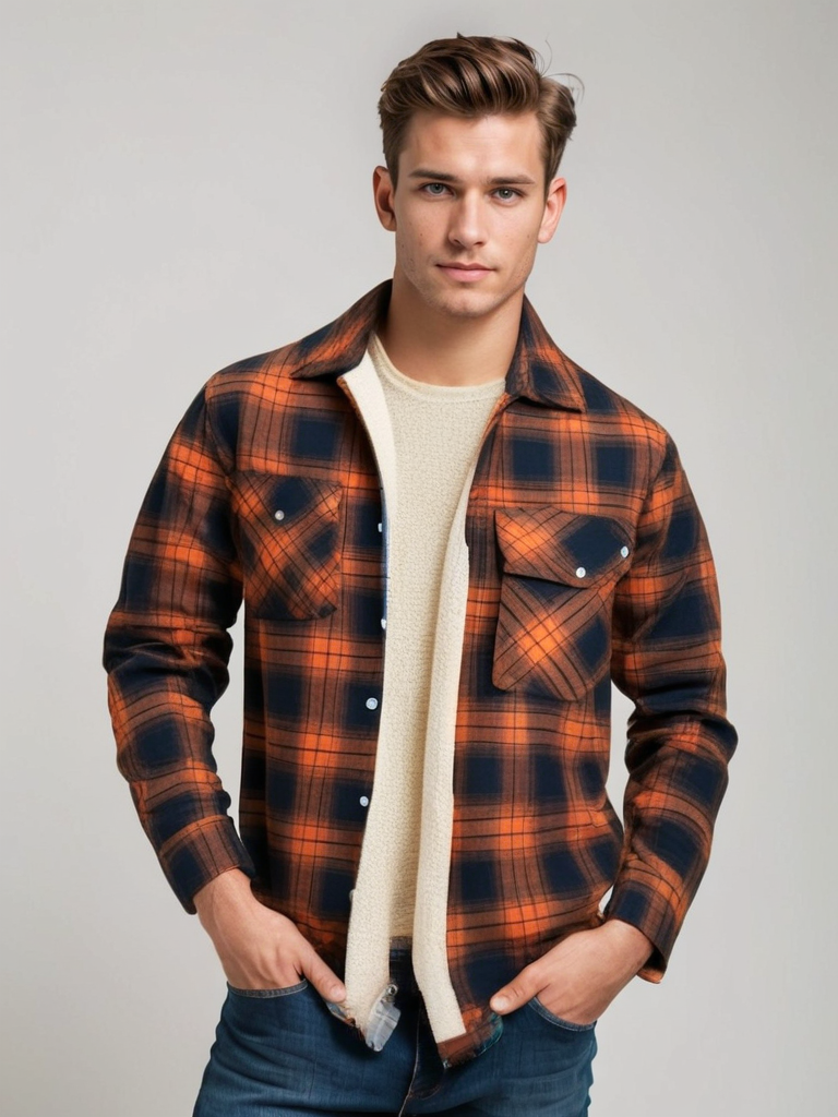 Men's Fleece-Lined Plaid Shirt Jacket Orange
