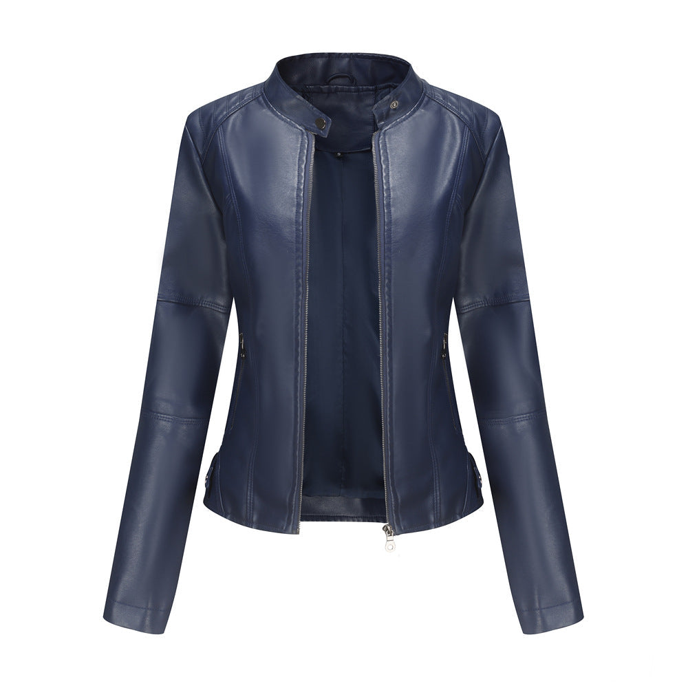 Womens Slim Leather Jacket Lightweight Casual Fashion Dark blue