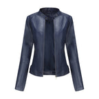 Womens Slim Leather Jacket Lightweight Casual Fashion Dark blue