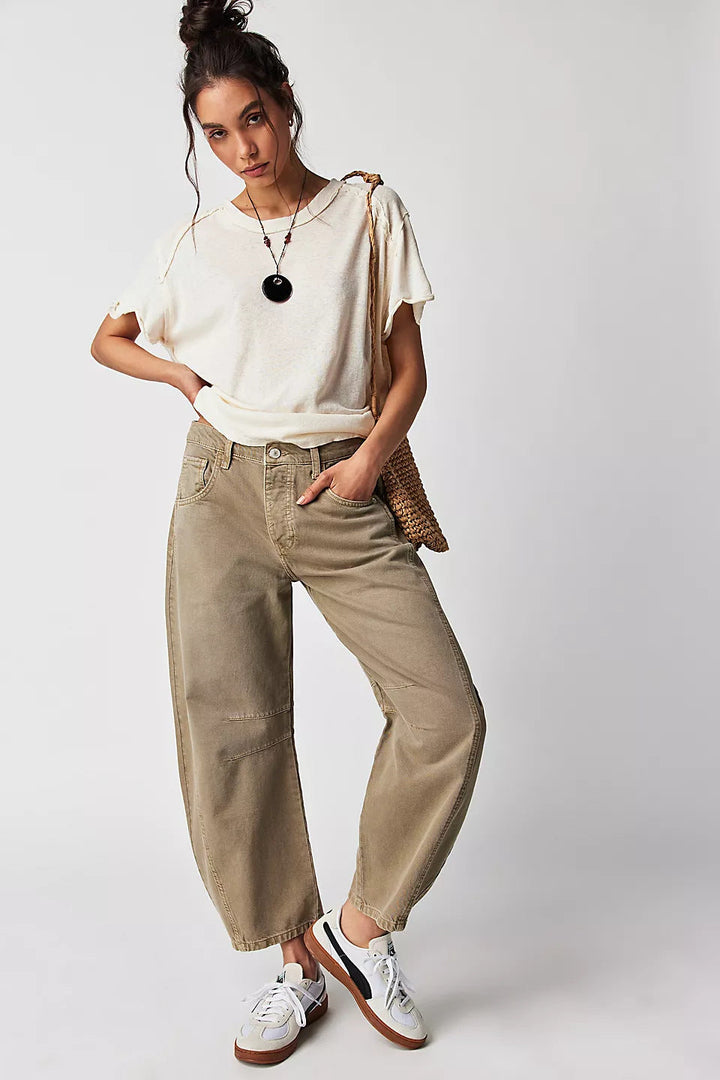 High-Stretch Mid-Rise Barrel Jeans-MODAUTLET